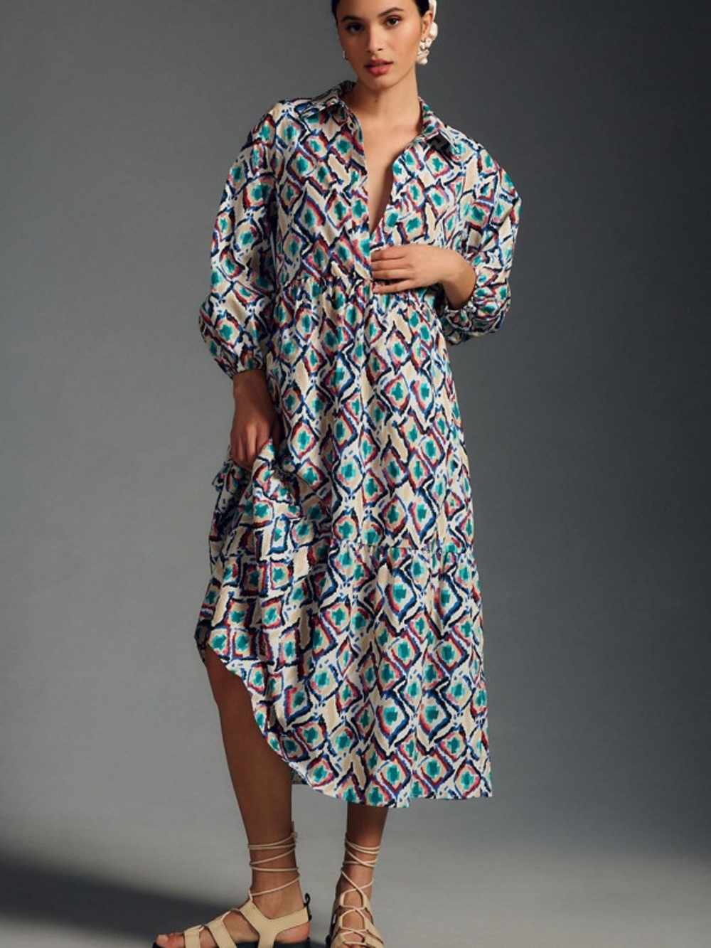 Anthropologie Teal Blue Multicolor Geometric Long-Sleeve Midi Dress